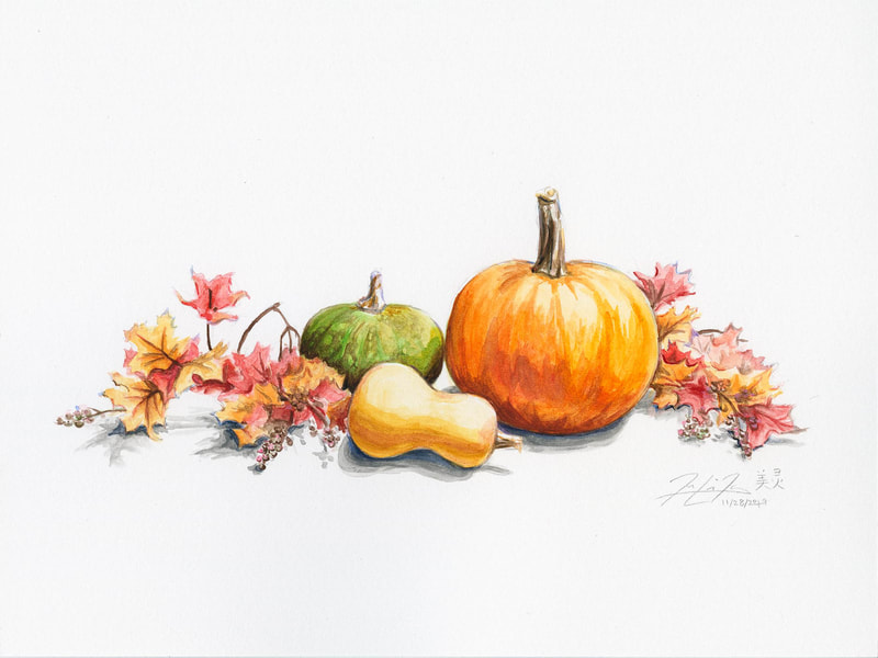 May Kopecky Harvest Series Thanksgiving by May Ling Kopecky Watercolor Pumpkins Leaves Thanksgiving