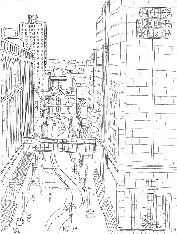 May Kopecky Sketch from the 8th floor of the Mayo Clinic by May Ling Kopecky Ink Drawing
