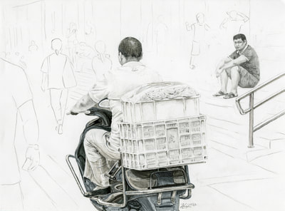 May Kopecky Eyeing the Noodles in Beijing by May Ling Kopecky Graphite Drawing