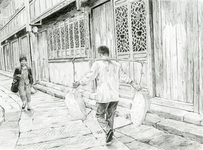 May Kopecky Greeting the Ice Man in Wuzhen by May Ling Kopecky Graphite Drawing
