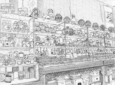 May Kopecky It's Not Their Teashop Now by May Ling Kopecky Ink Drawing